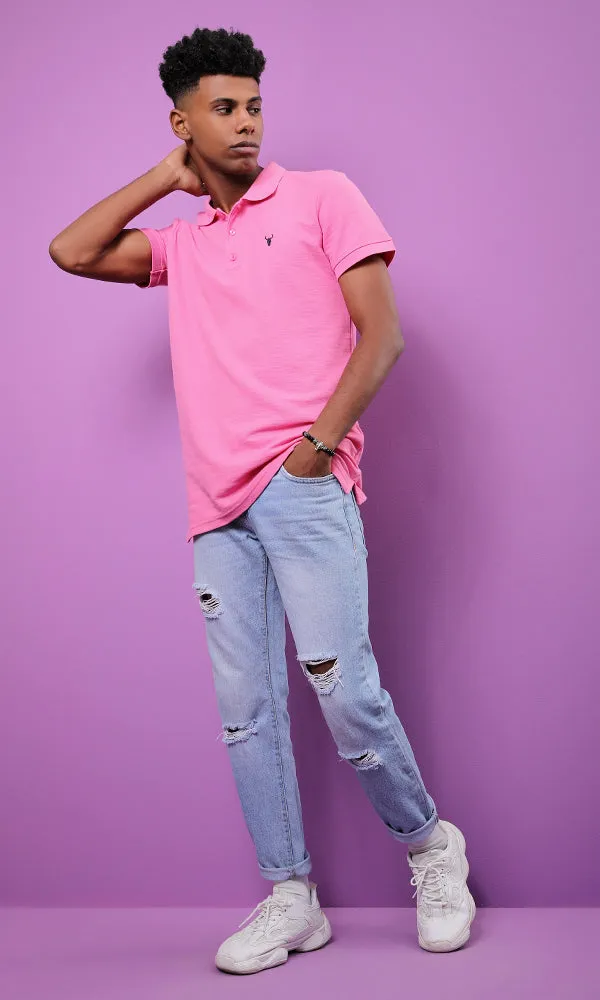 28290 Basic Turn Down Collar Pink Pique Polo Shirt