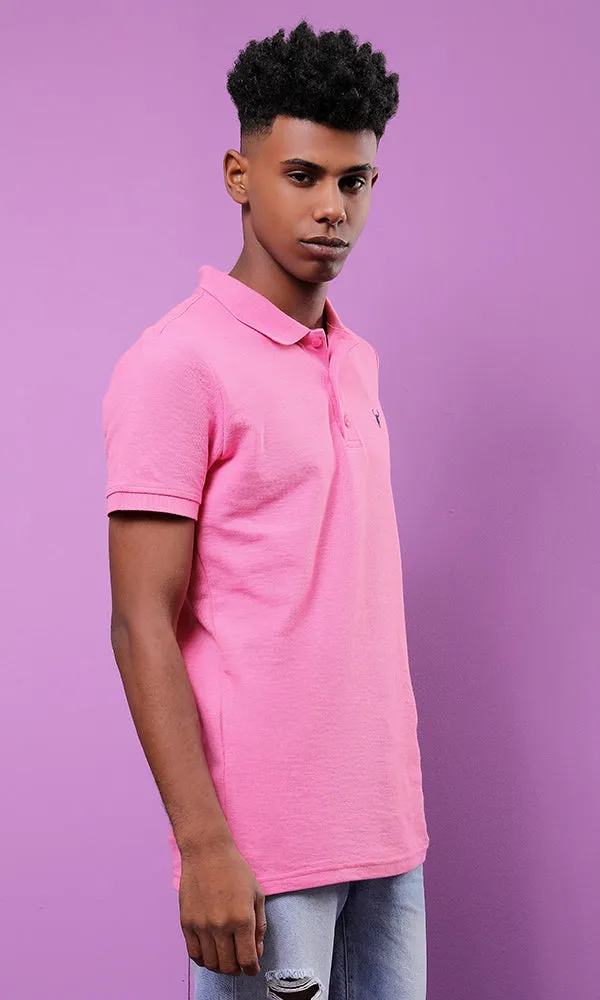 28290 Basic Turn Down Collar Pink Pique Polo Shirt