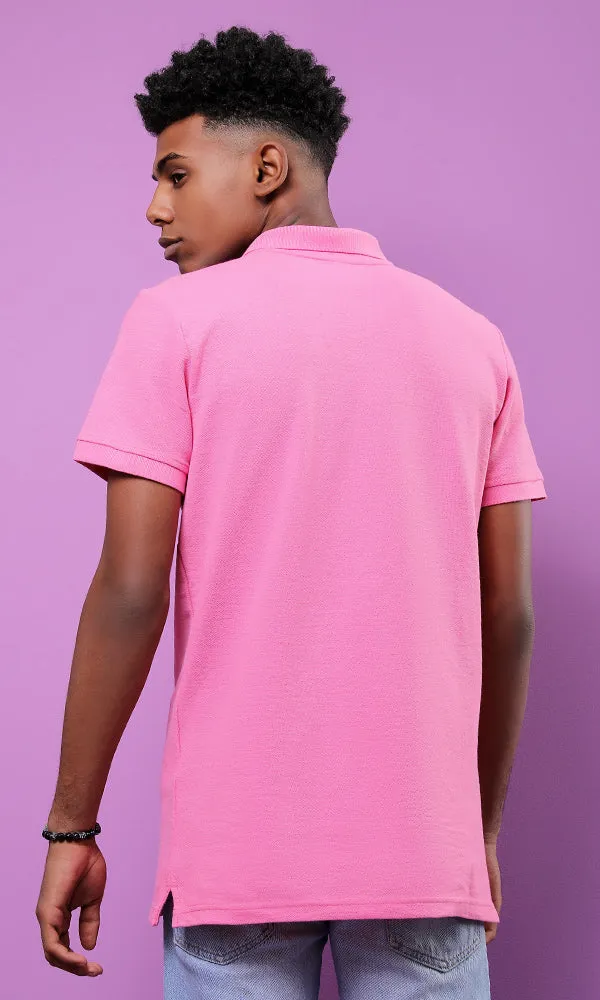 28290 Basic Turn Down Collar Pink Pique Polo Shirt