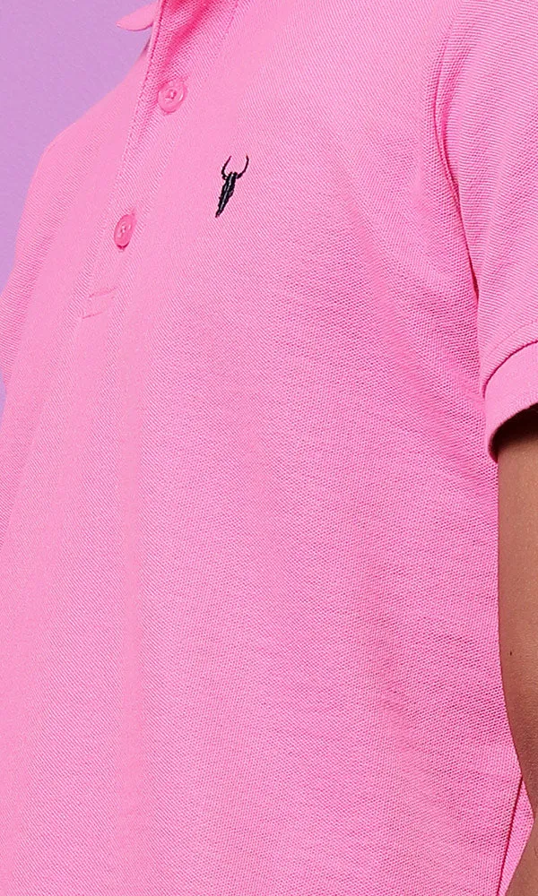 28290 Basic Turn Down Collar Pink Pique Polo Shirt