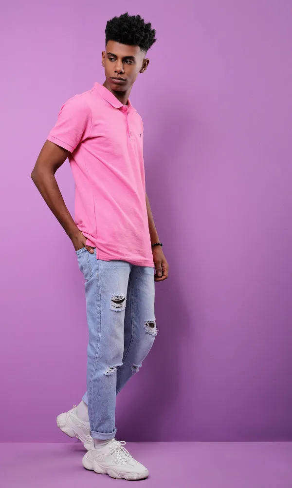 28290 Basic Turn Down Collar Pink Pique Polo Shirt