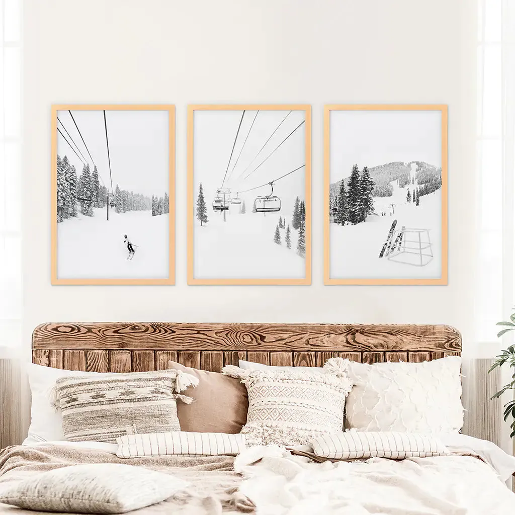 3 Piece Black White Winter Sport Wall Art Set. Ski Lodge