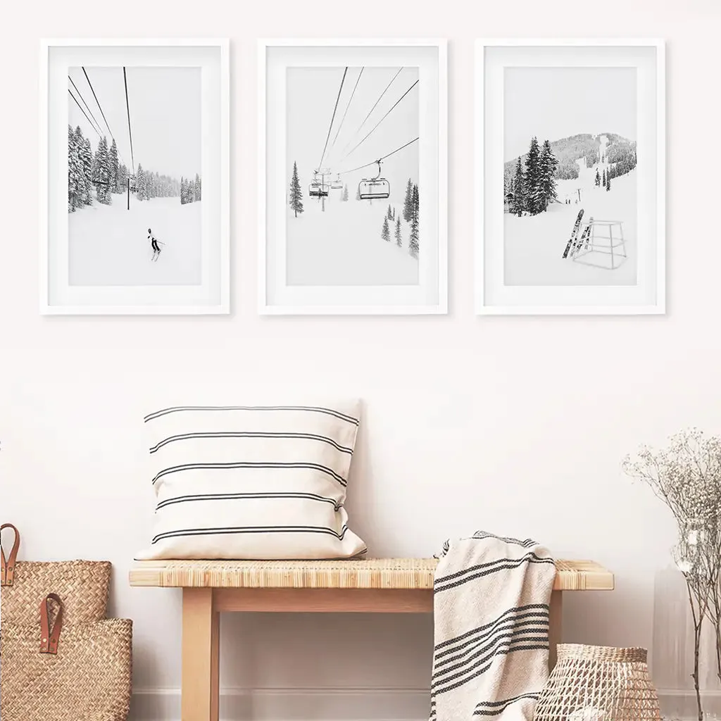 3 Piece Black White Winter Sport Wall Art Set. Ski Lodge