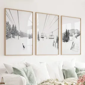 3 Piece Black White Winter Sport Wall Art Set. Ski Lodge