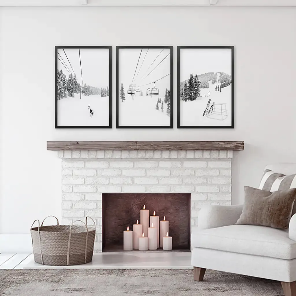 3 Piece Black White Winter Sport Wall Art Set. Ski Lodge