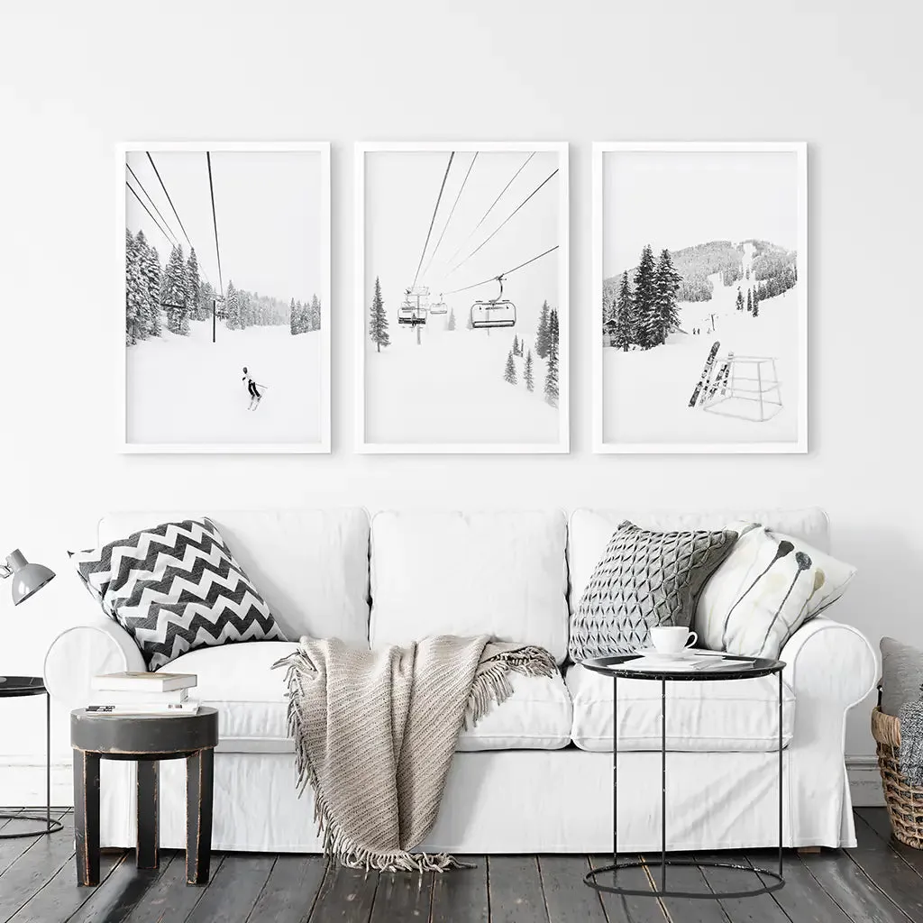 3 Piece Black White Winter Sport Wall Art Set. Ski Lodge