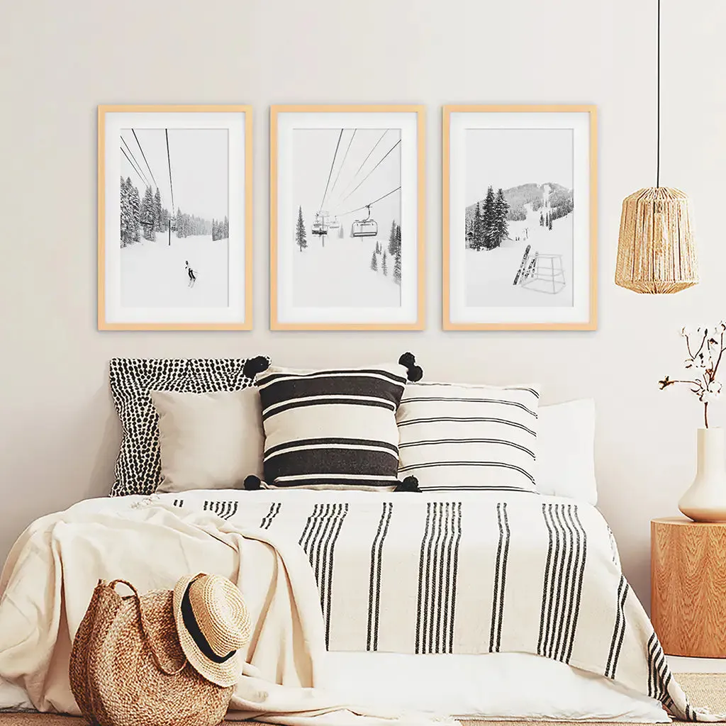 3 Piece Black White Winter Sport Wall Art Set. Ski Lodge