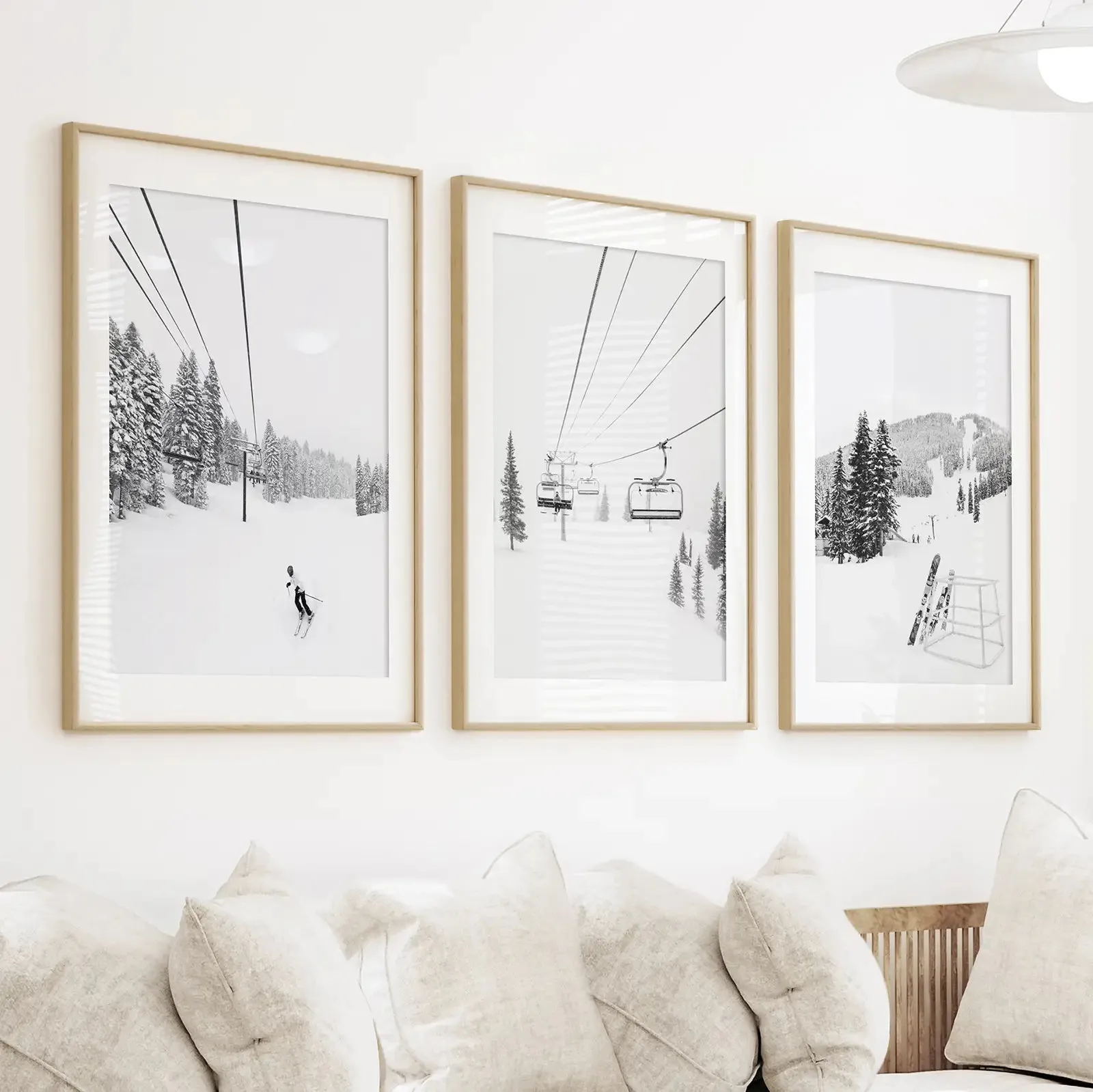 3 Piece Black White Winter Sport Wall Art Set. Ski Lodge