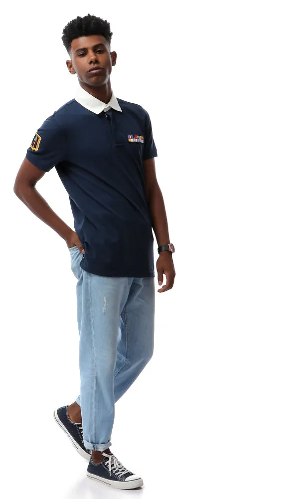 53120 Buttoned Turn Dow Collar Navy Blue Polo Shirt