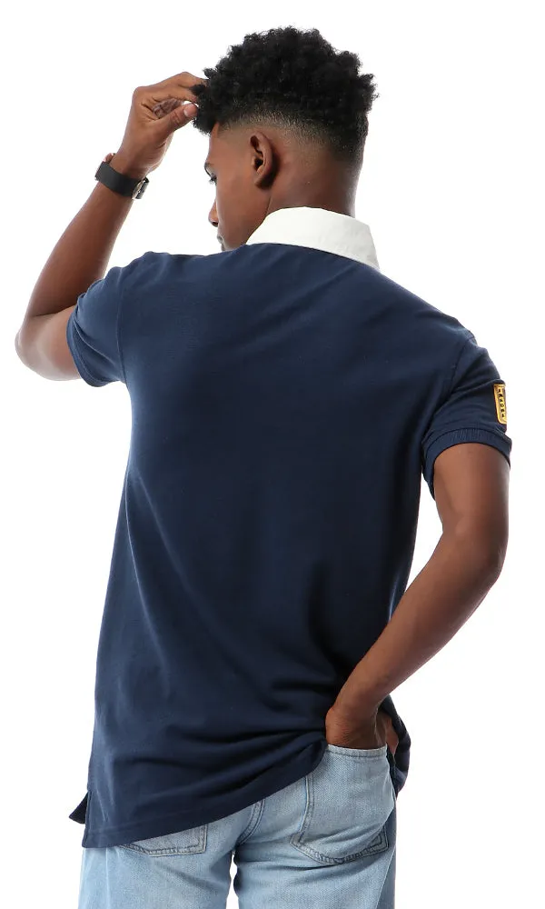 53120 Buttoned Turn Dow Collar Navy Blue Polo Shirt