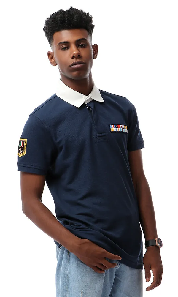 53120 Buttoned Turn Dow Collar Navy Blue Polo Shirt