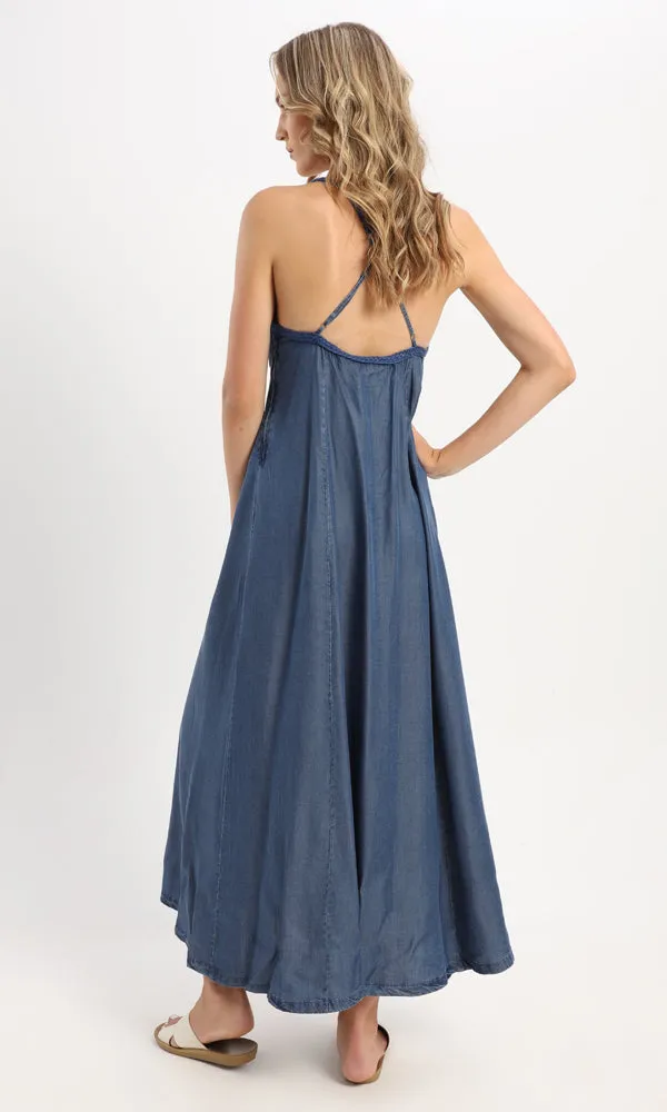 53381 Adjustable Braided Spaghetti Sleeves Blue Jeans Maxi Dress