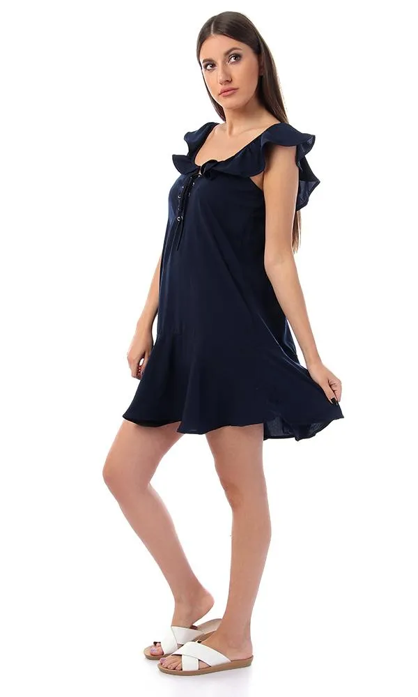 57140 Ruffled Tie-Front Navy Blue Dress