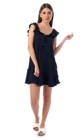 57140 Ruffled Tie-Front Navy Blue Dress