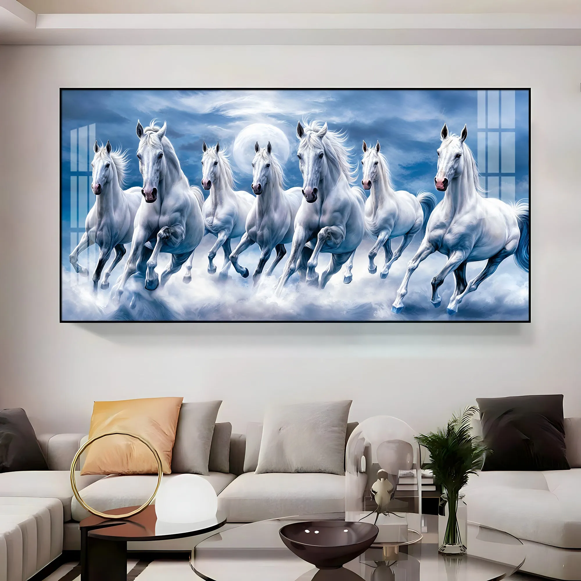 7 White Running Horses With Sunrise Premium Acrylic Horizontal Wall Art