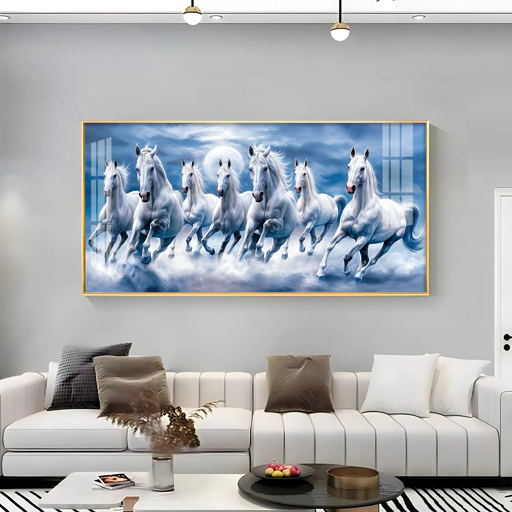 7 White Running Horses With Sunrise Premium Acrylic Horizontal Wall Art