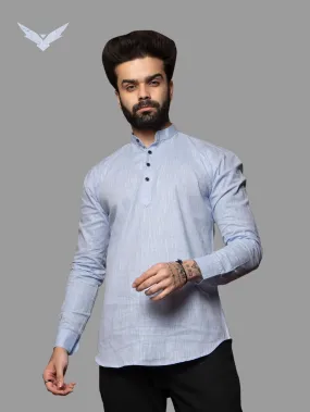 Aqua Blue Cotton Linen Mandarin Collar Kurta Shirt