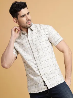 Beige Checked Slim Fit Casual Shirt | JadeBlue