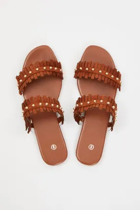 Beige Fringe Detail Flat Slides