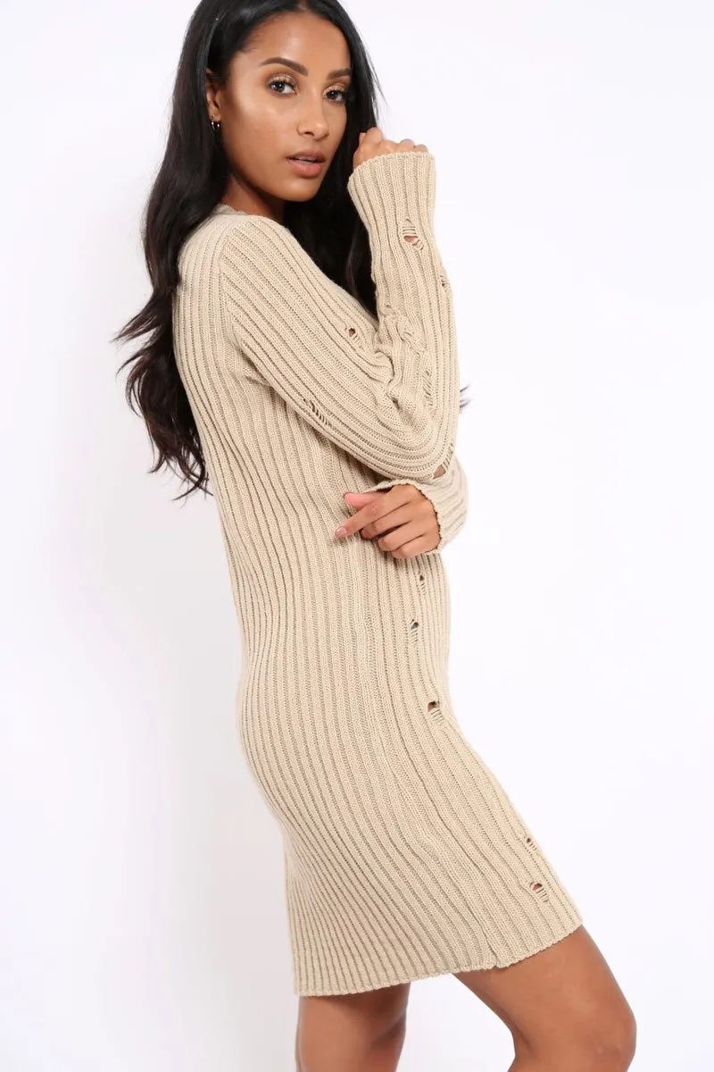 Beige Knit Distressed Jumper Dress - Cheryl