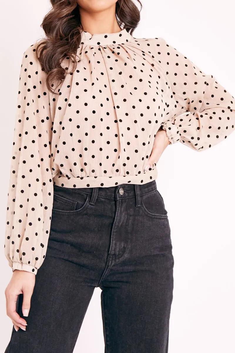 Beige Metallic Polka Pleated Front Blouse - Cabella