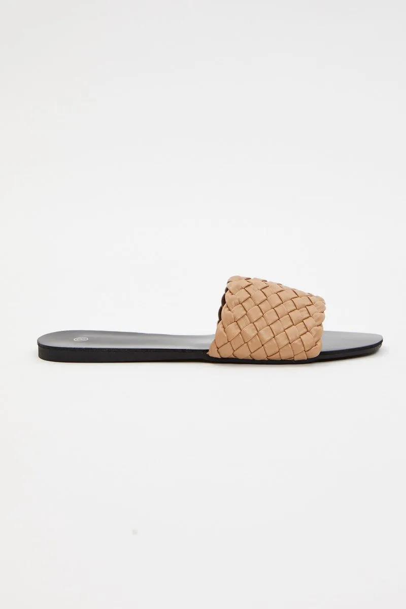 Beige Woven Flat Slides