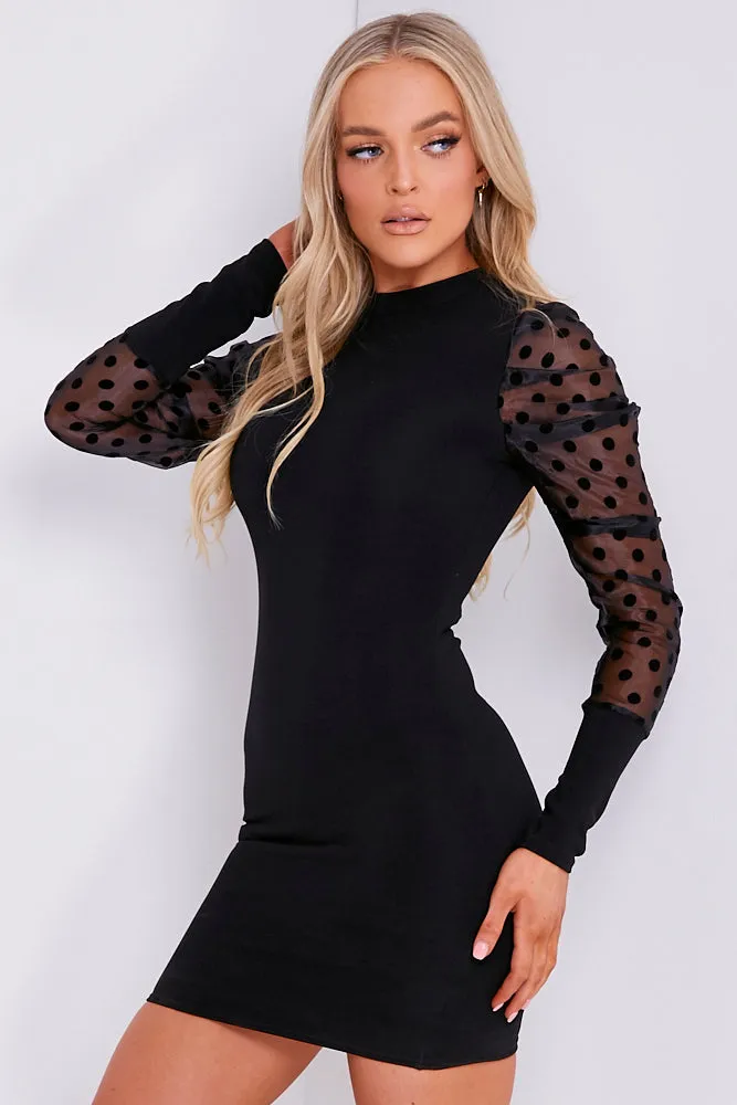 Black Ribbed Organza Polka Dot Sleeve Mini Dress