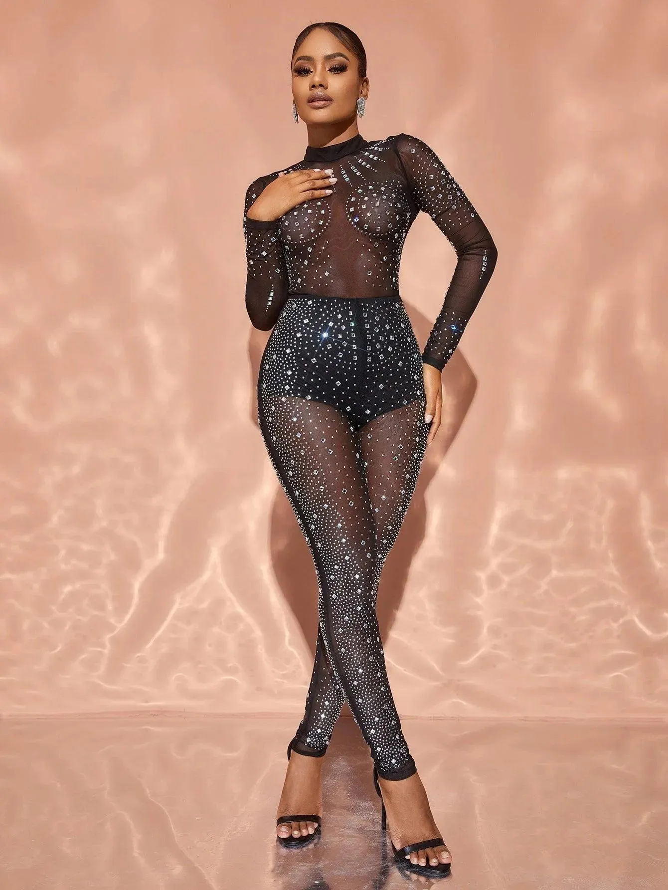 Chic Rhinestone Detail Mock Neck Long Sleeves Jumpsuit