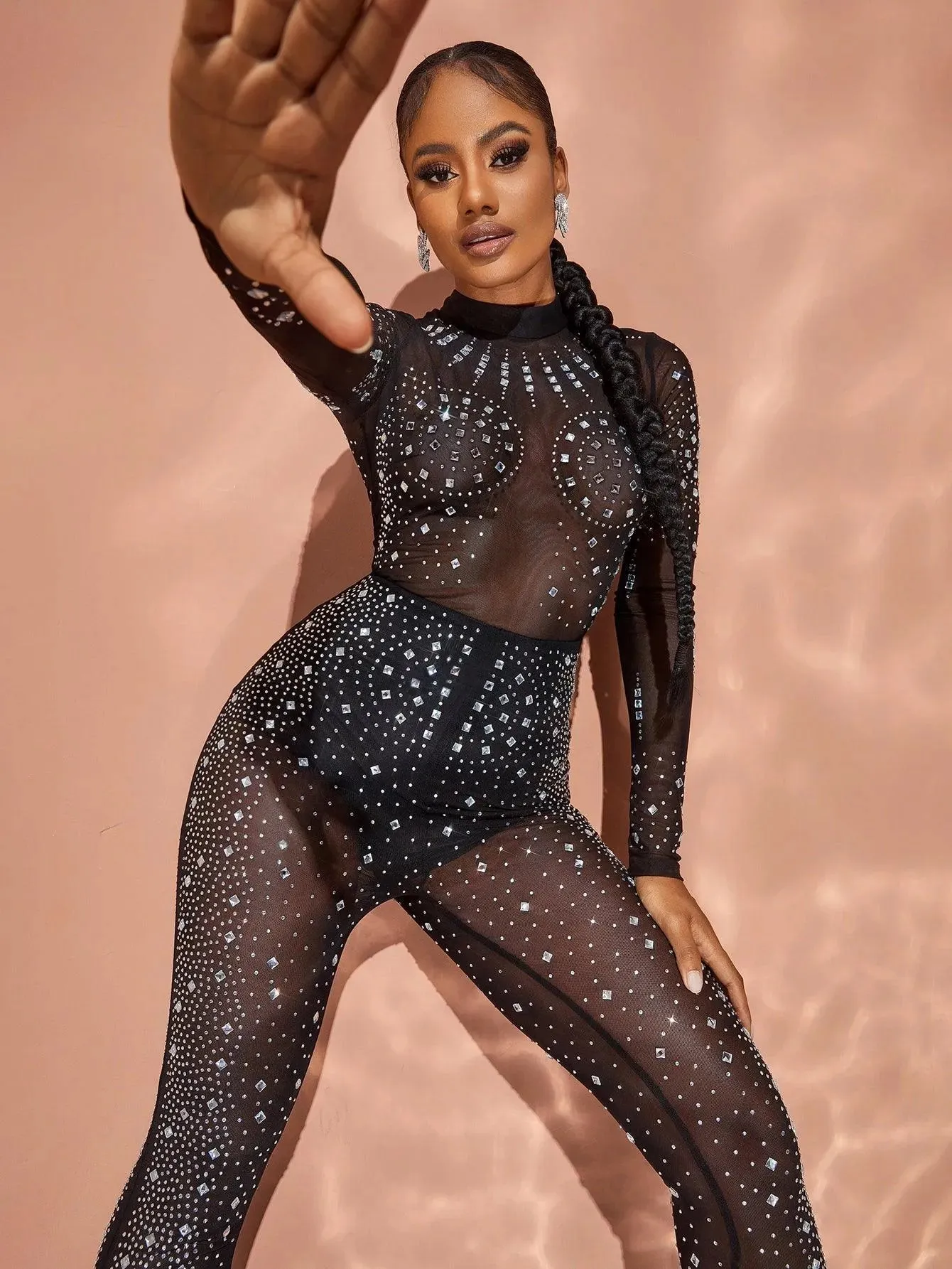 Chic Rhinestone Detail Mock Neck Long Sleeves Jumpsuit