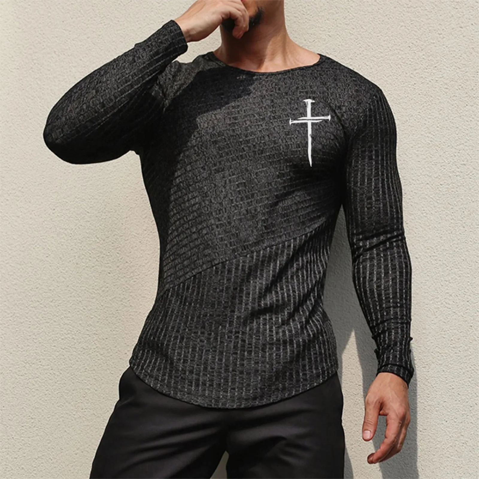 CROSS STRETCH STRIPED GRAPHIC LONG SLEEVE T-SHIRT