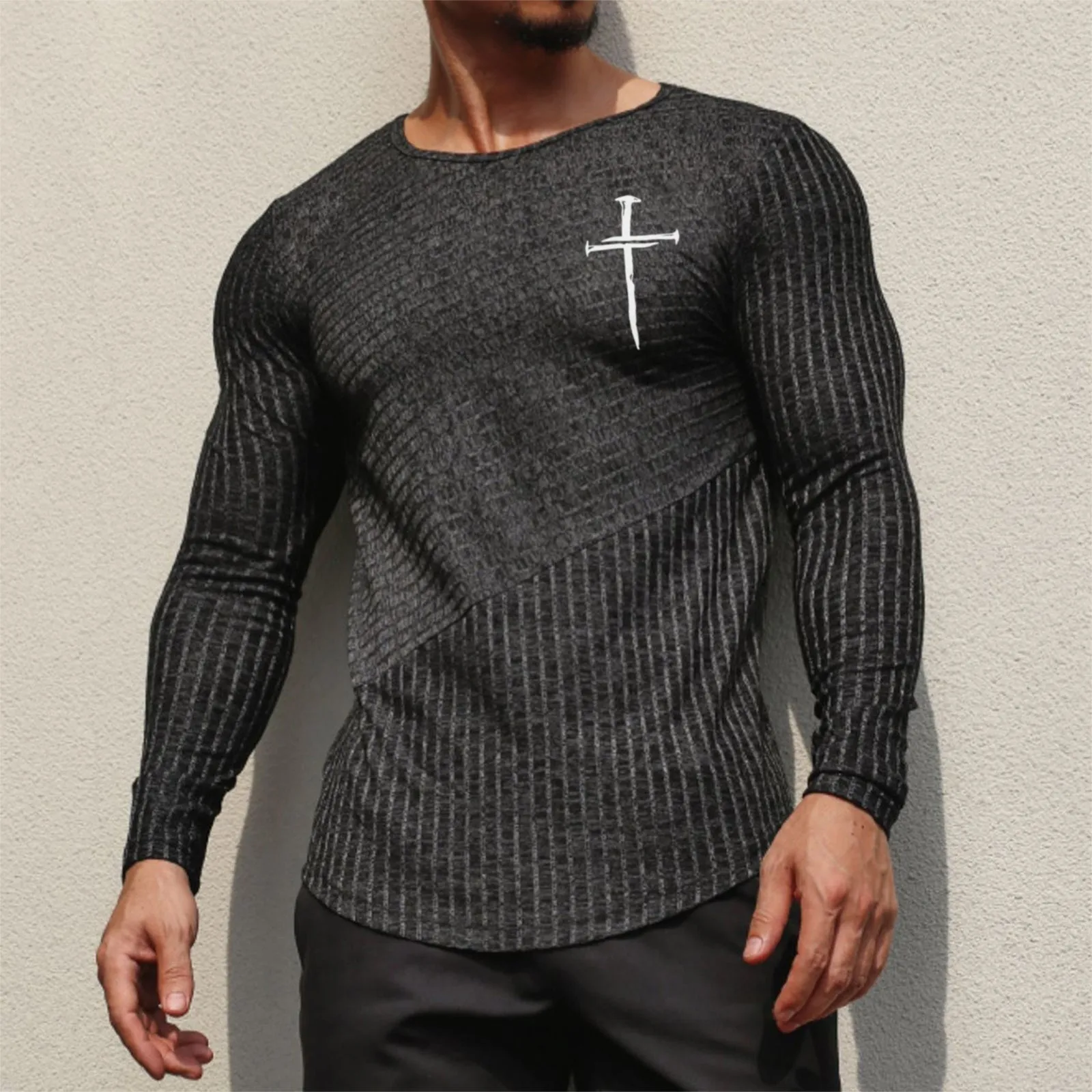 CROSS STRETCH STRIPED GRAPHIC LONG SLEEVE T-SHIRT