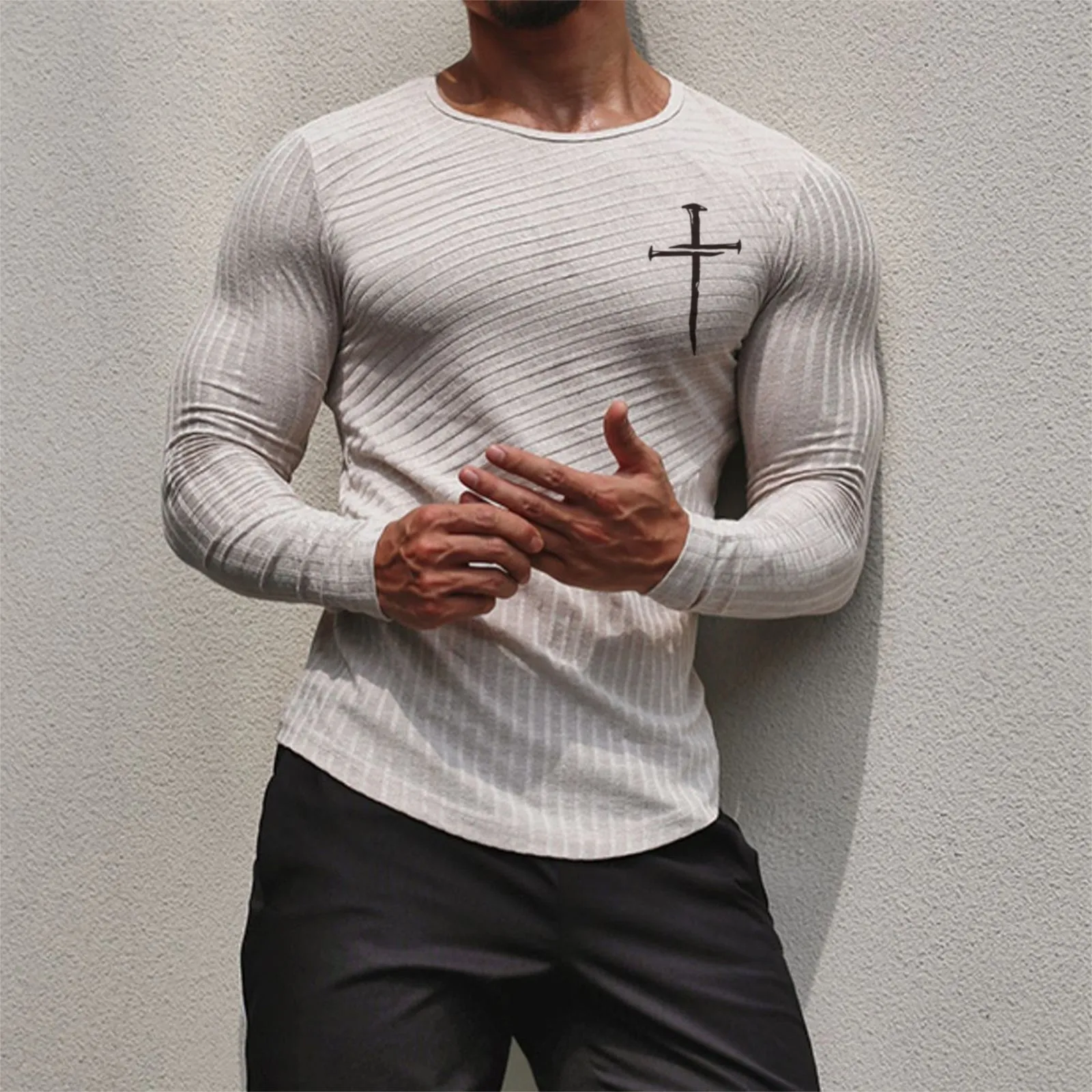 CROSS STRETCH STRIPED GRAPHIC LONG SLEEVE T-SHIRT