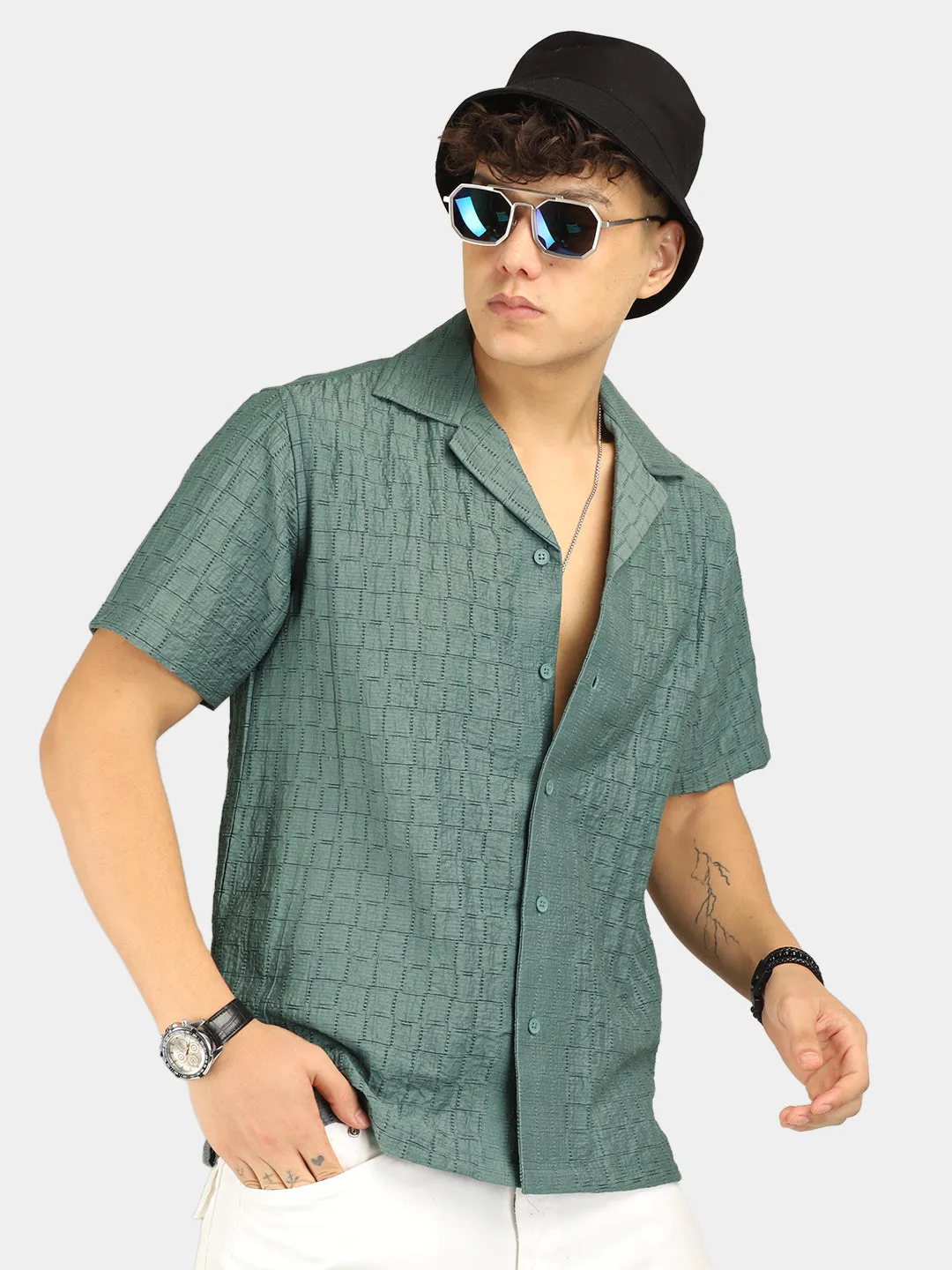 Crotchet Dark Green Half Sleeve Shirt