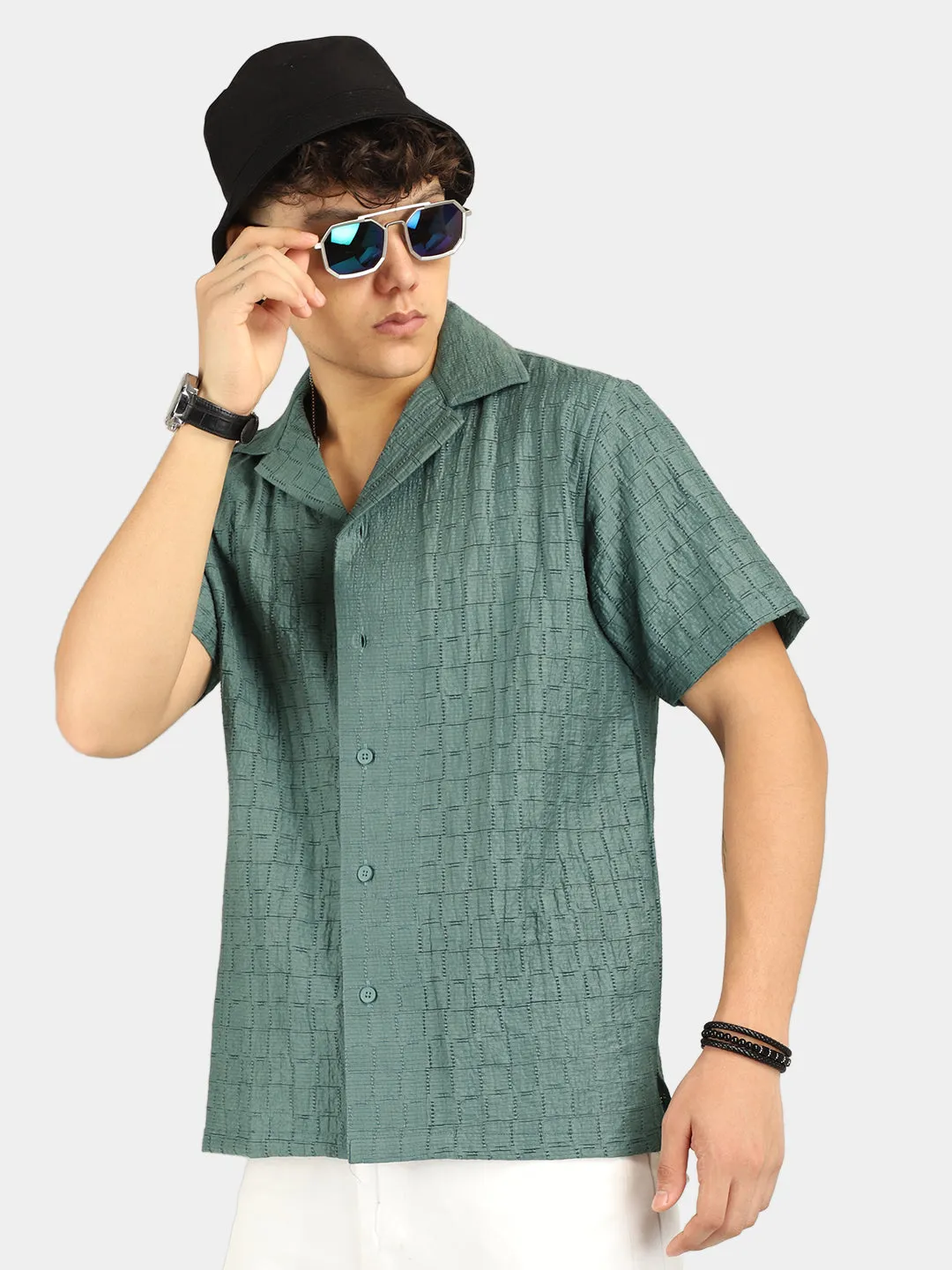 Crotchet Dark Green Half Sleeve Shirt