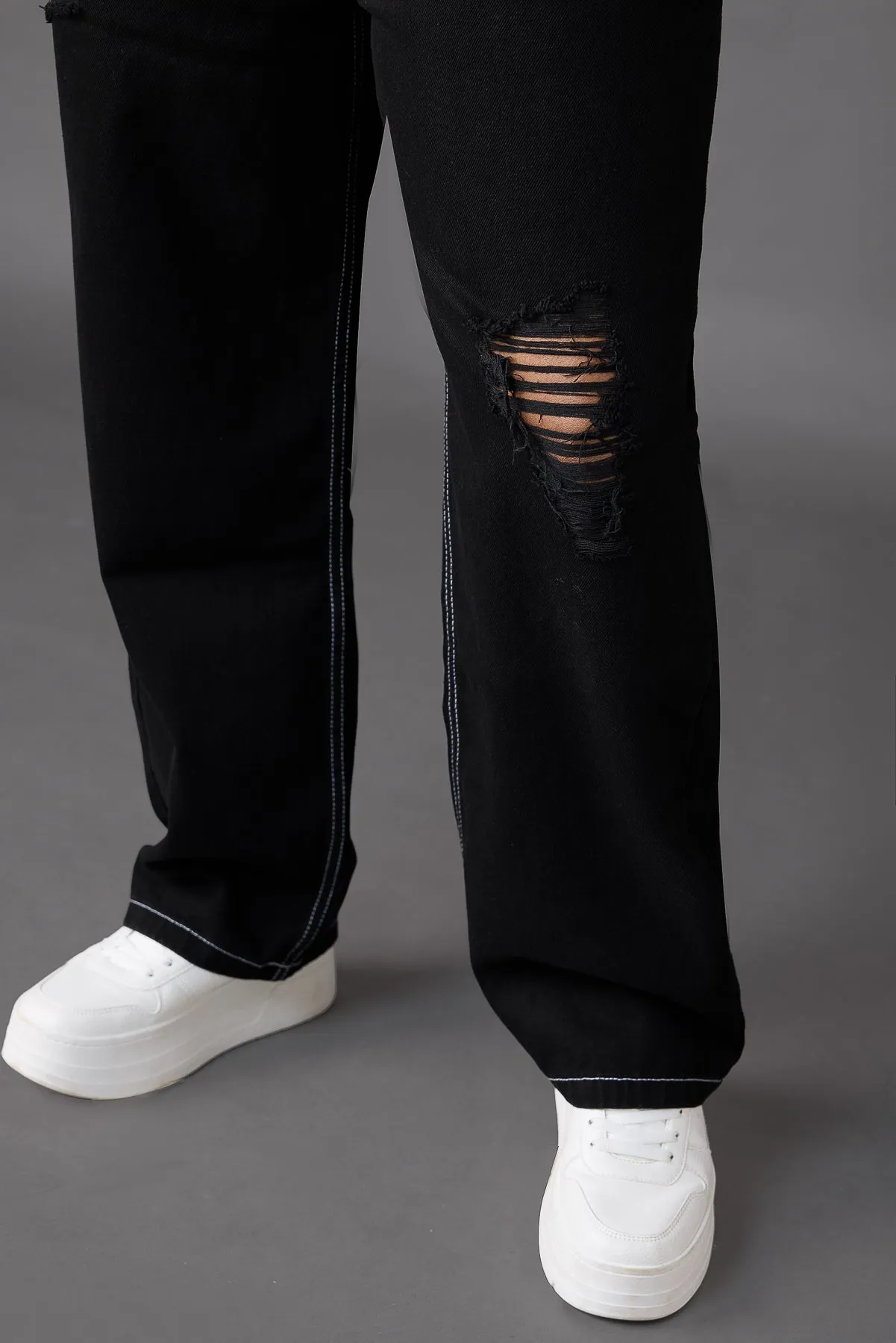 Curve Black Distress Straight Jeans