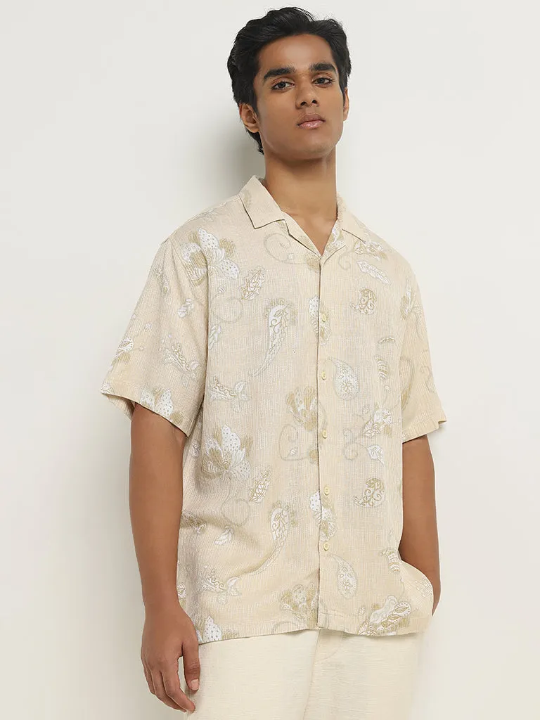 ETA Beige Paisley Printed Relaxed-Fit Cotton Shirt