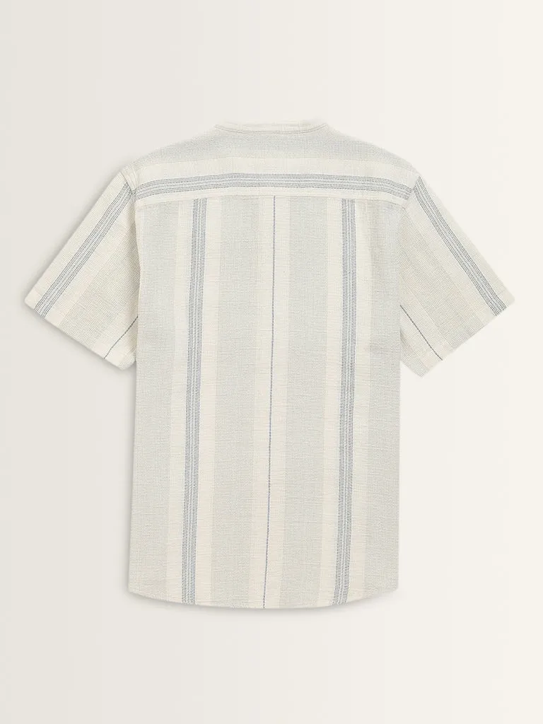 ETA Light Teal Striped Knitted Resort-Fit Cotton Shirt