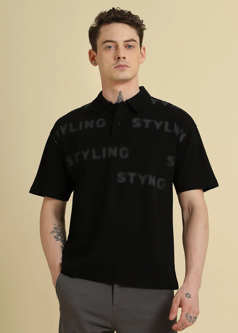 Faded Print Black Polo T-shirt