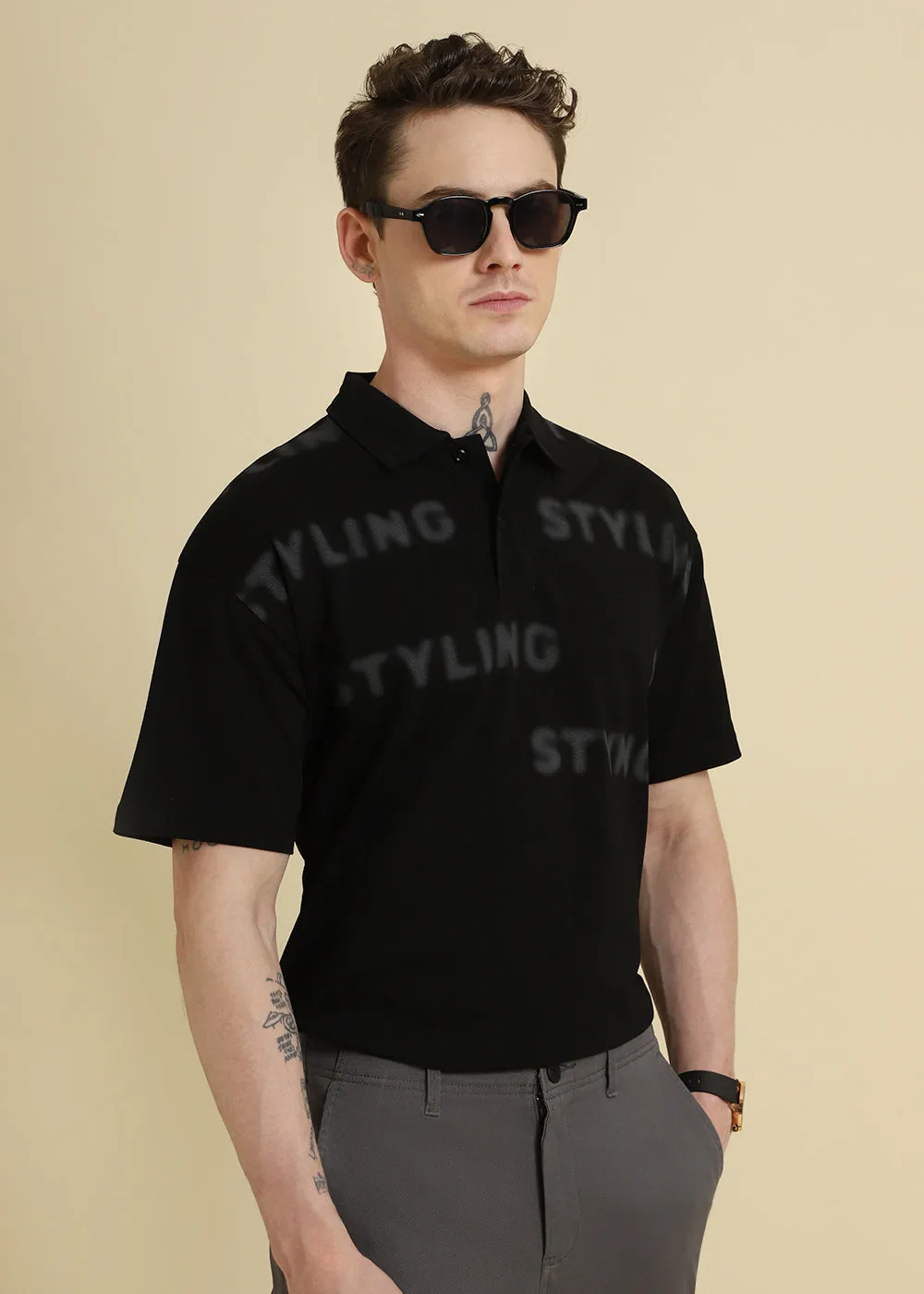 Faded Print Black Polo T-shirt