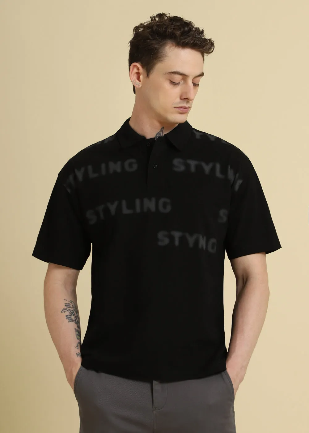 Faded Print Black Polo T-shirt