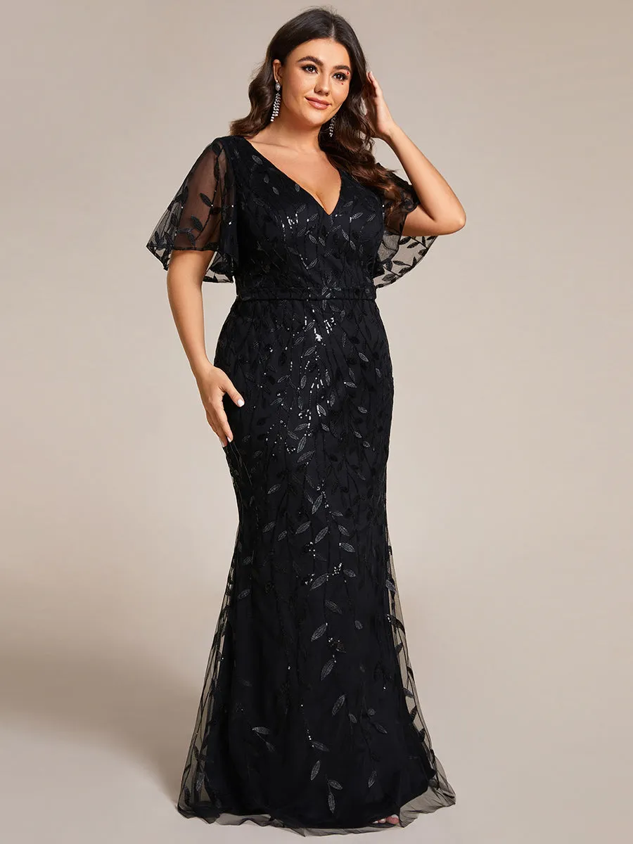 Fashion Plus Size Deep V Neck Wholesale Sequin & Tulle Evening Dress