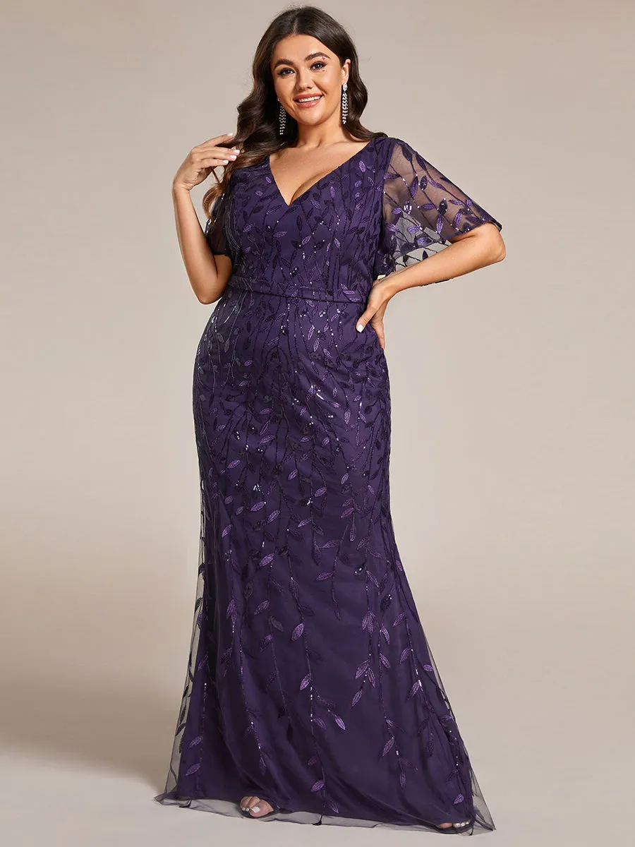 Fashion Plus Size Deep V Neck Wholesale Sequin & Tulle Evening Dress