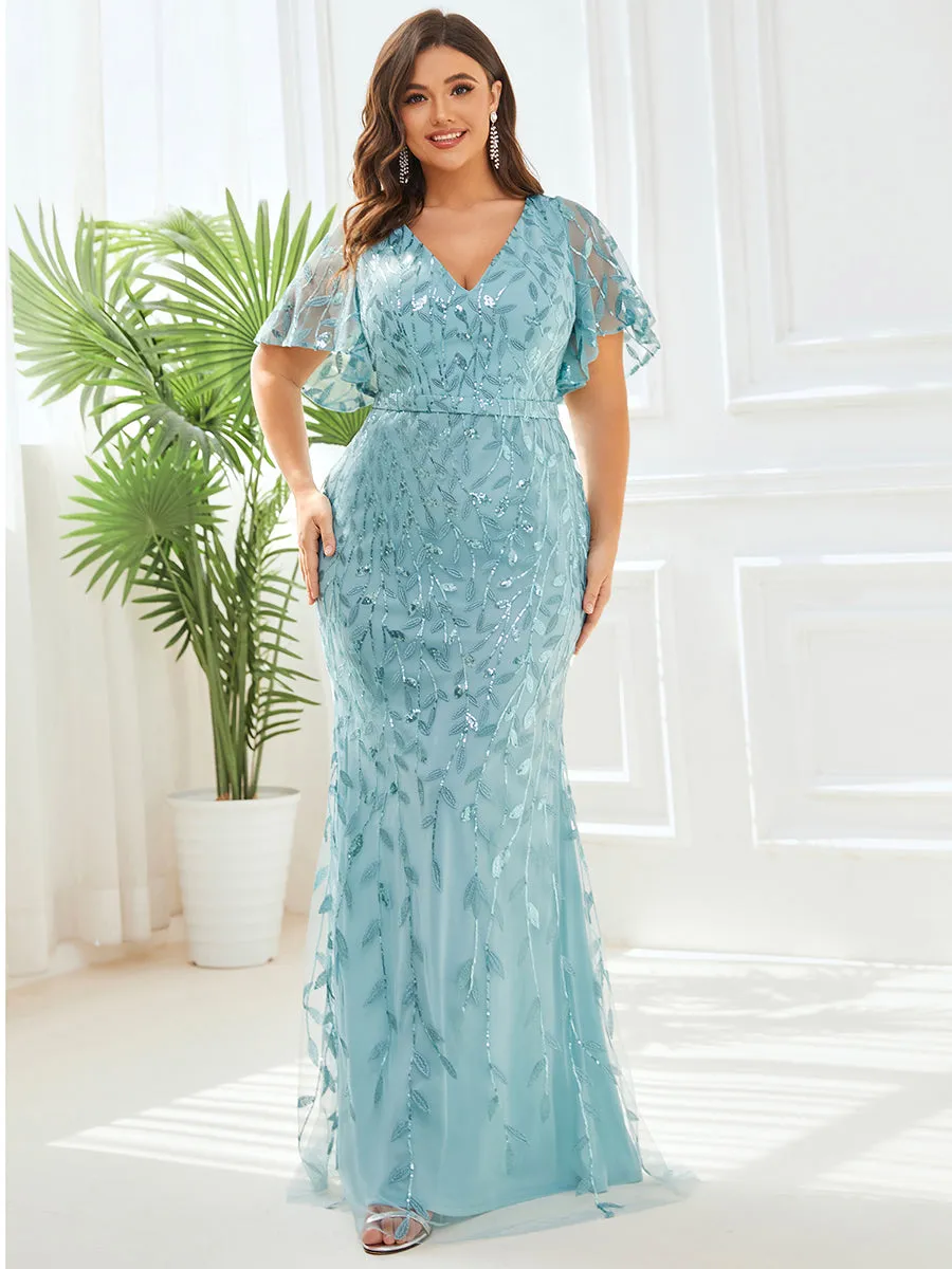 Fashion Plus Size Deep V Neck Wholesale Sequin & Tulle Evening Dress