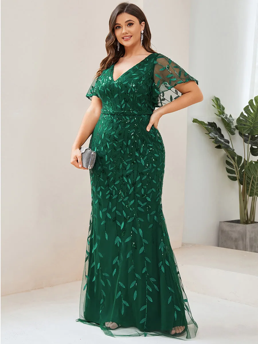 Fashion Plus Size Deep V Neck Wholesale Sequin & Tulle Evening Dress