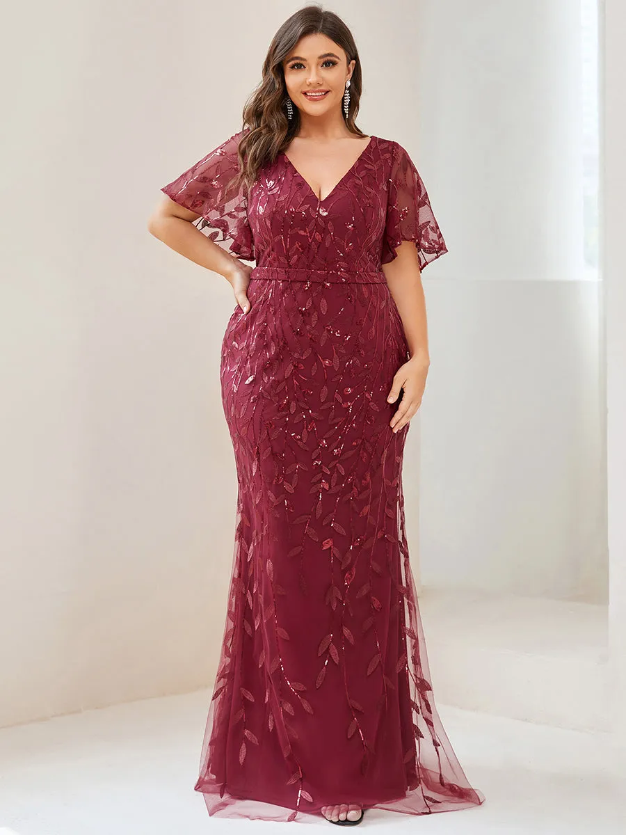 Fashion Plus Size Deep V Neck Wholesale Sequin & Tulle Evening Dress