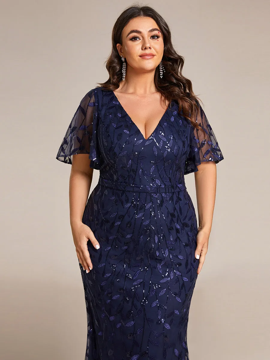 Fashion Plus Size Deep V Neck Wholesale Sequin & Tulle Evening Dress