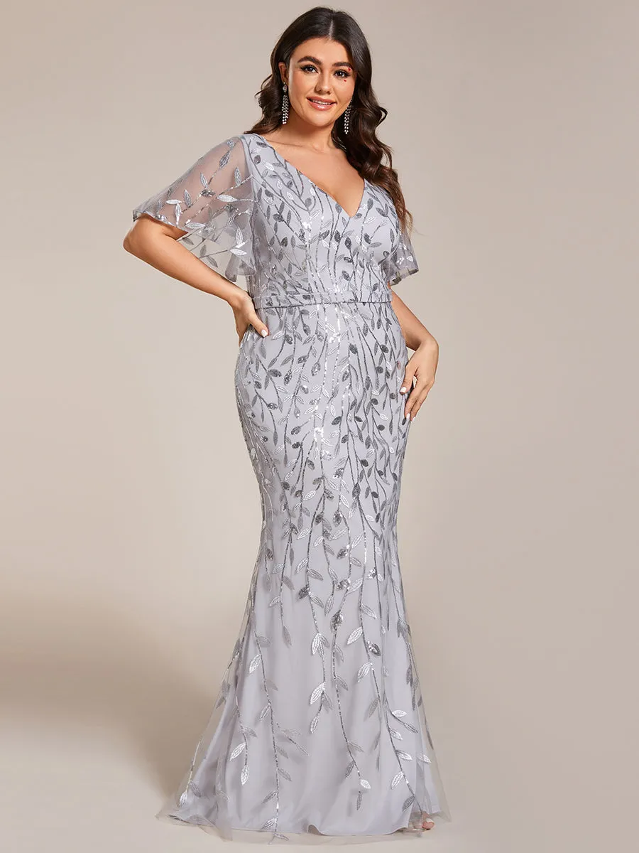 Fashion Plus Size Deep V Neck Wholesale Sequin & Tulle Evening Dress