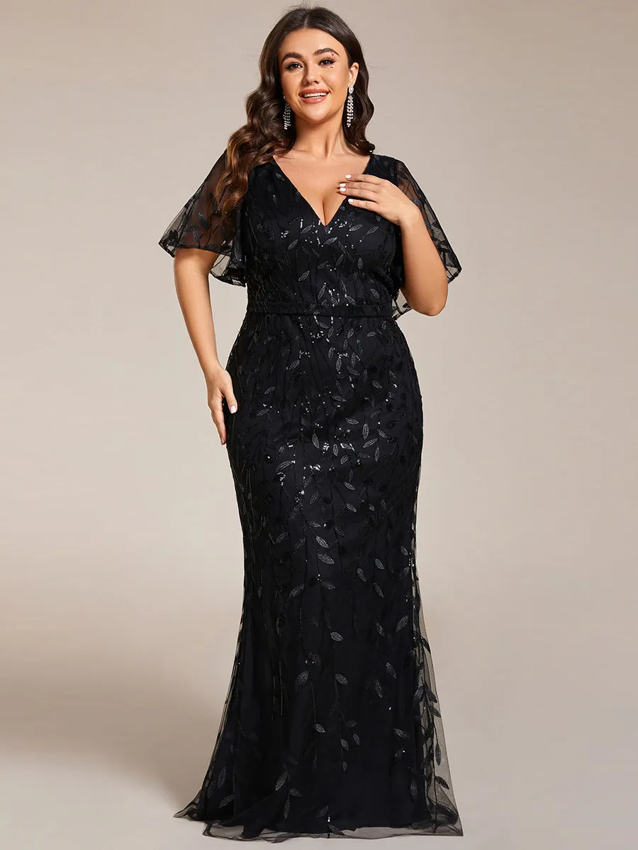 Fashion Plus Size Deep V Neck Wholesale Sequin & Tulle Evening Dress