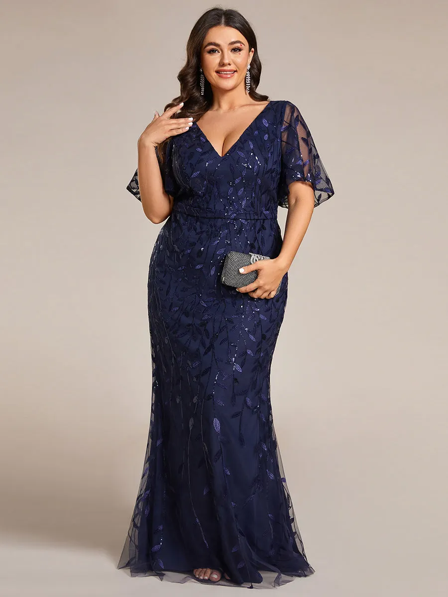 Fashion Plus Size Deep V Neck Wholesale Sequin & Tulle Evening Dress