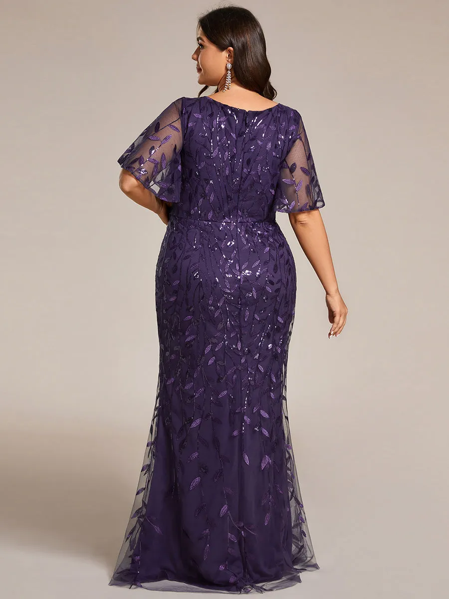 Fashion Plus Size Deep V Neck Wholesale Sequin & Tulle Evening Dress